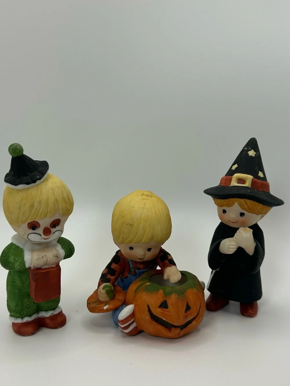 Enesco Halloween Ceramic Figurine Trio in Orange, Black, Green